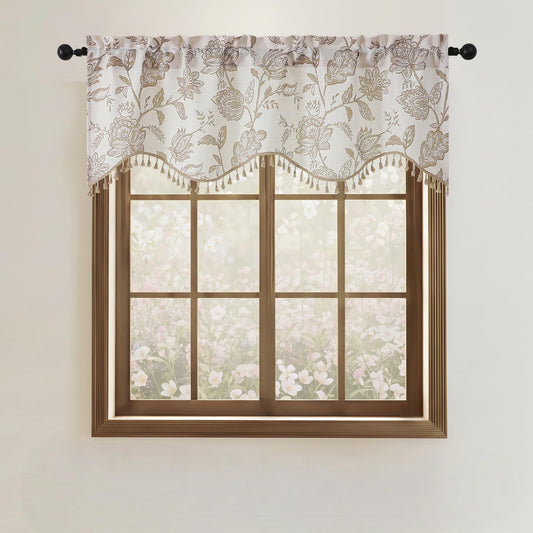 Ebesto Scalloped Valance for Windows - Faux Linen Textured Short Kitchen Valance with Tassels, Farmhouse Floral Printed Small Window Curtains for Bathroom Basement RV, 1 Piece, 52Wx18L Inches, Taupe