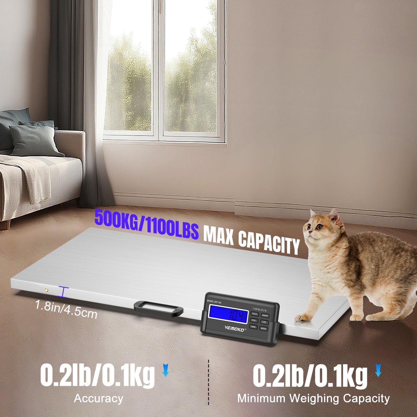 VEMOKO Precision Large Dog Scale - 1100lb x 0.2lb Large Breed Animal Livestock Weight Scale, Pet Scale PVC Non-Slip Mat Stainless Steel Platform for Dogs (Smooth Platform)