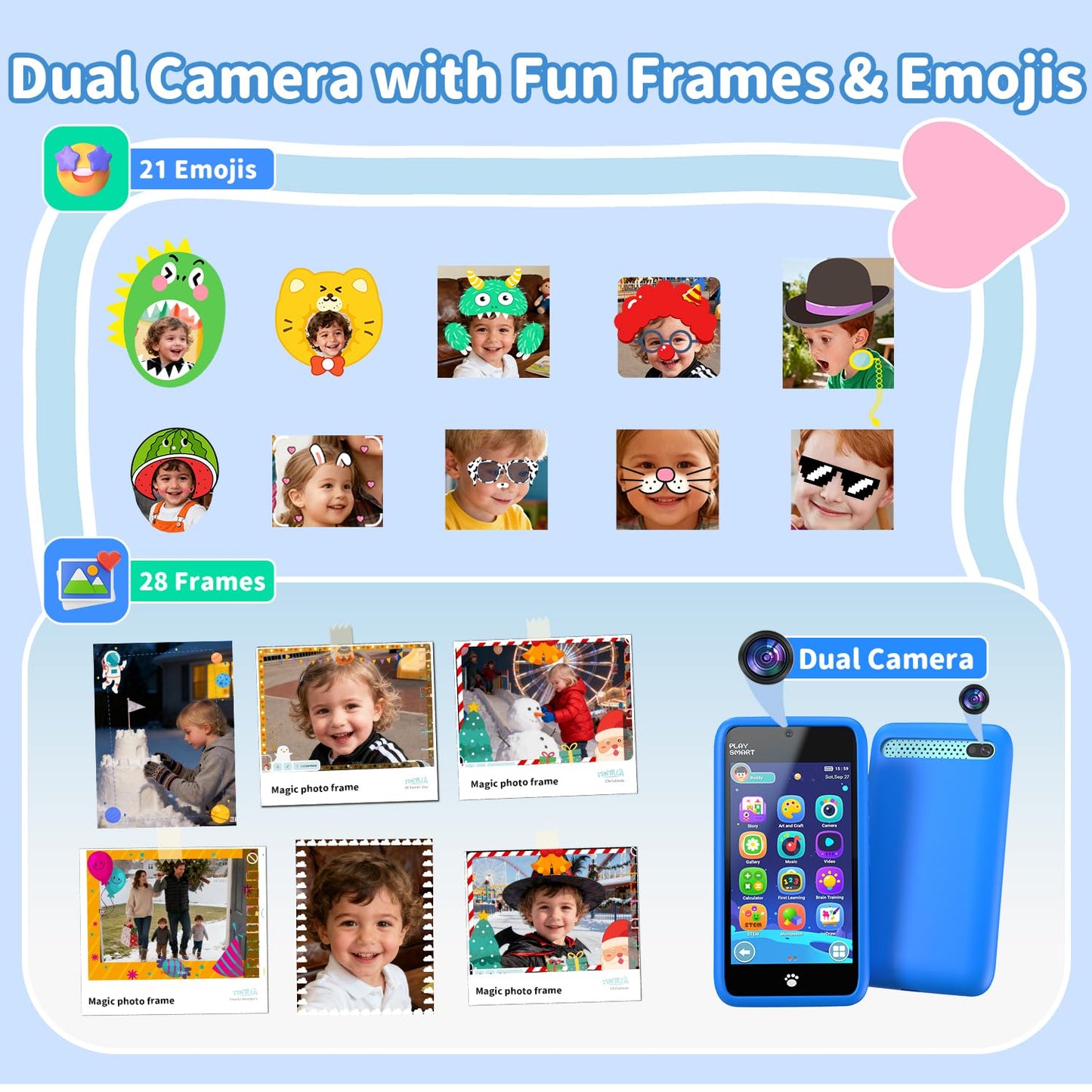 MOMILLA Toys Kids Smart Phone, 3.97" Screen Dual Cameras w/ 21 Stickers, Birthday Gifts for Kids, 16GB Toddler Learning Cell Phone with Games, Boys Girls Toys for Age 3 4 5 6 7 8 9 Year Old