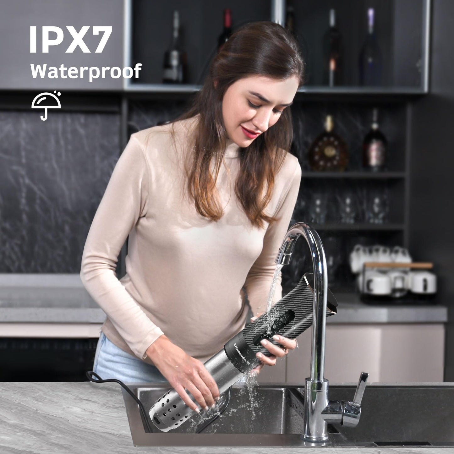 KitchenBoss Wifi Sous Vide Cooker: Ultra-quiet Sous Vide Machine Immersion Circulator APP Control, IPX7 Waterproof All-stainless Steel 1100W Sous Vide Precision Cooker Fast-Heating, Carbon Black
