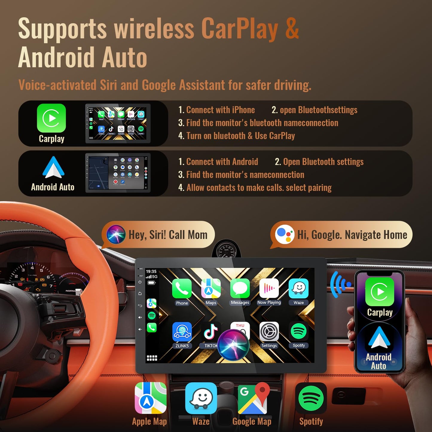 Haudio 10.1 Inch Single Din Car Stereo, Rotatable Touch Screen, Wireless CarPlay & Android Auto, Android 13 Car Radio with Bluetooth GPS Backup Camera