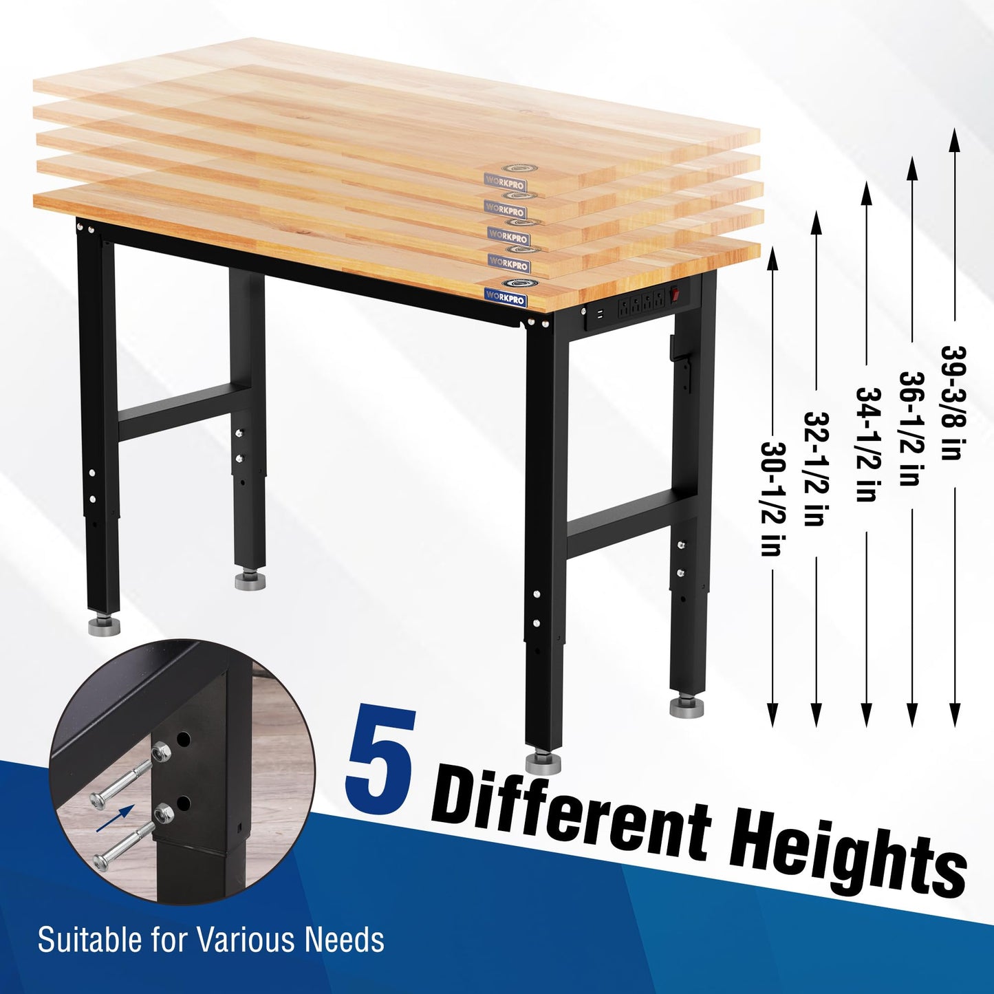 WORKPRO Adjustable Garage Workbench, 48"x22" Rubber Wood Top Heavy-Duty Work Desk with Power Outlets, Leveling Foot, 5 Heights, 1500 LBS Load Capacity Work Benches for Garage, Workshop