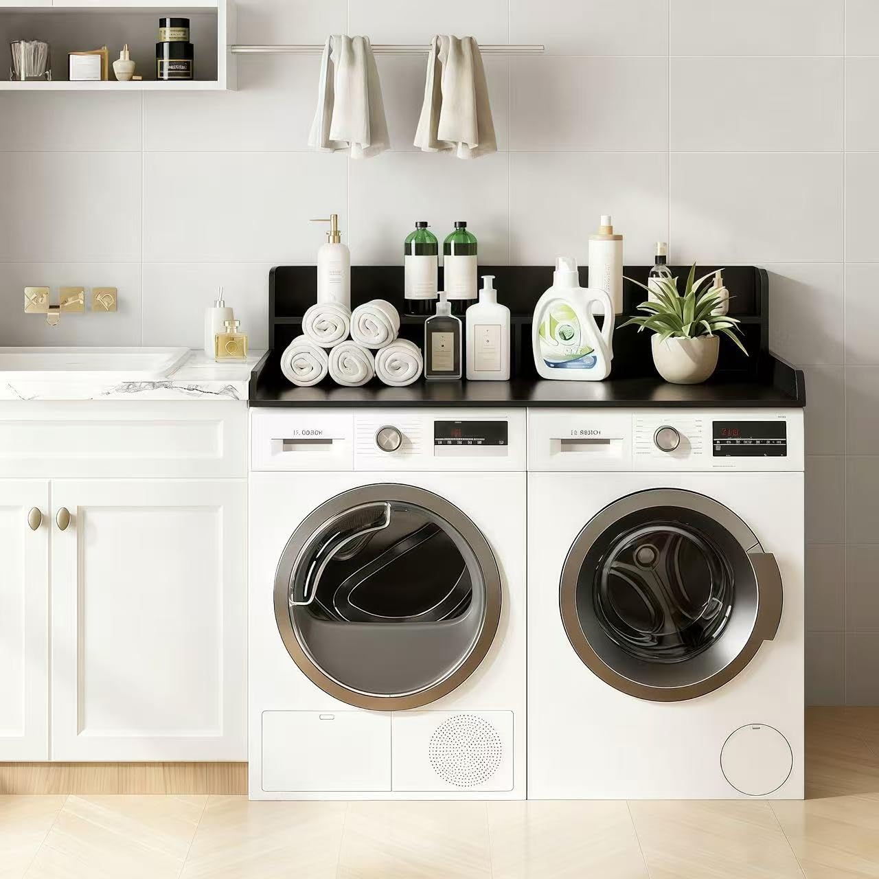 NAT MEYA 2-Tier Washer and Dryer Countertop, 54" W x 27.6" D Laundry Room Organization,Washer Dryer Topper Storage for Folding Clothes Over Washer and Dryer-Black