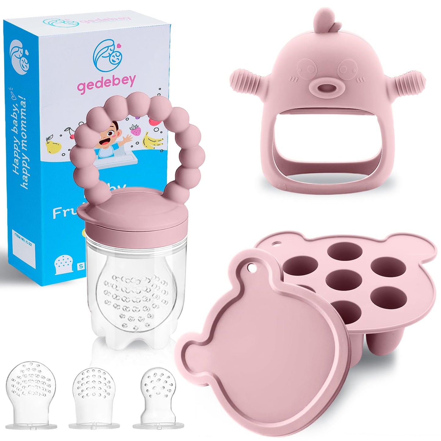 Gedebey 3-in-1 Baby Food & Fruit Feeder Set – Breastmilk Popsicle Mold with Freezer Tray, Teething Relief Toy, BPA Free Infant Silicone Feeding Combo, 3 Bonus Sizes (S/M/L) Sacs (Blush)