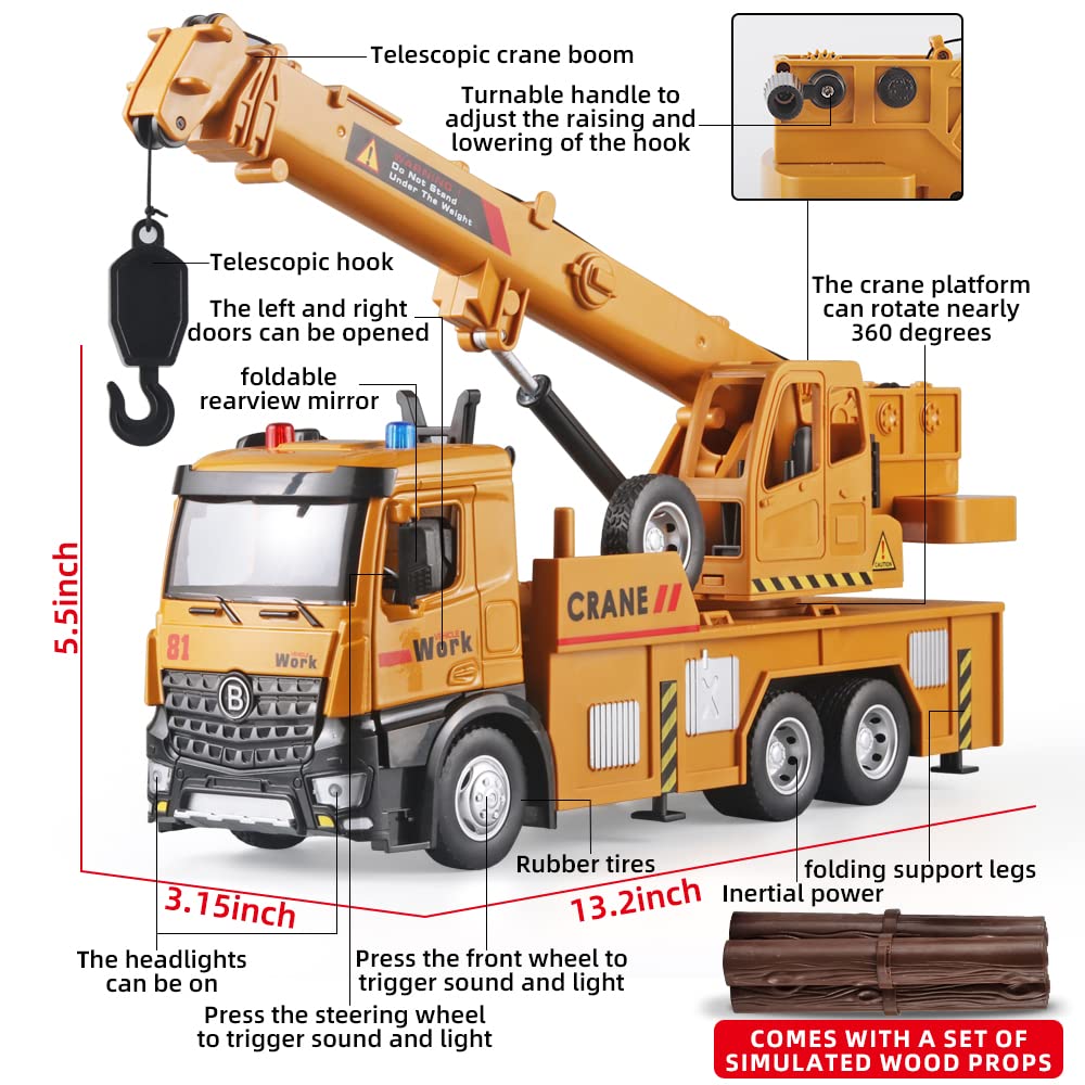 OANMYJJO Children Crane Toy Metal DieCast Crane Model，Construction Truck Toys with Simulated Sounds and Lights，Suitable for Ages 3 and Up Toy Crane for Boys