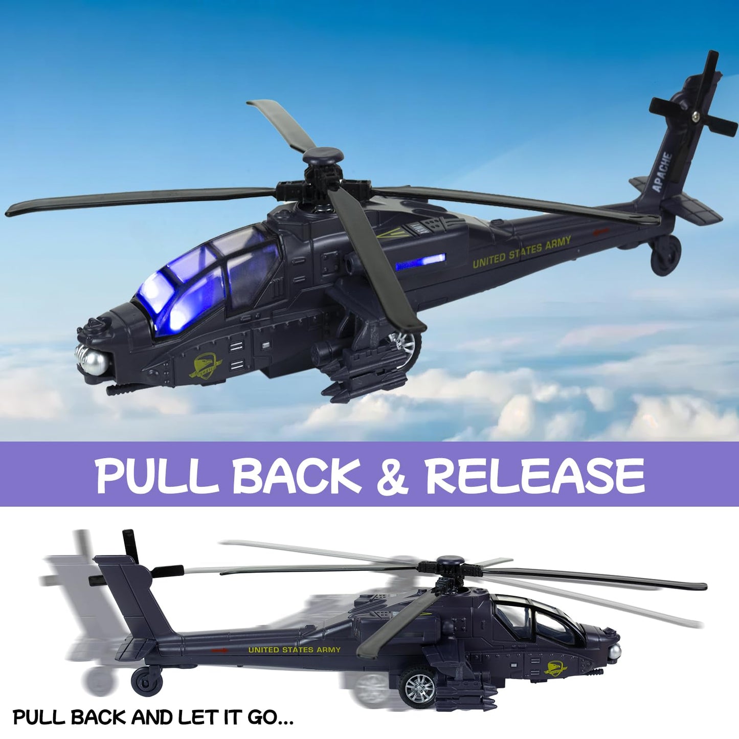Tcvents Army Police Helicopter Toy for Boys Age 4-7, Diecast Military Toys Helicopter Model with Sounds & Lights, Pull Back Alloy Plane Birthday Gifts for Kids Toddlers 3-9 (Holder Included)