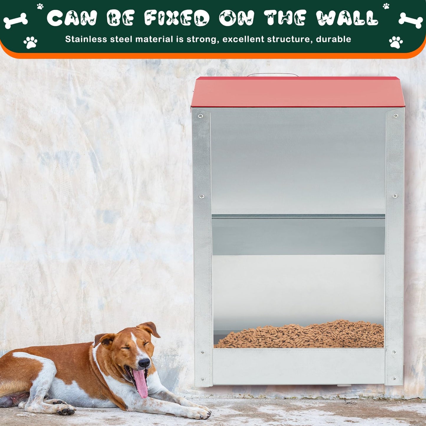 Willinglong 2 Pcs 50 Lbs Large Automatic Dog Feeders with Handle Acrylic Panel Galvanized Gravity Feeder Outdoor Hanging for Doggie Breed Dog Food Dispenser Container(Red)