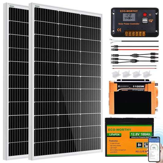 ECO-WORTHY 200 Watt 12V Complete Solar Panel Starter Kit for RV Off Grid with Battery and Inverter: 2pcs 100W Solar Panel + 30A Charge Controller + 100Ah Lithium Battery + 1100W Premium Solar Inverter