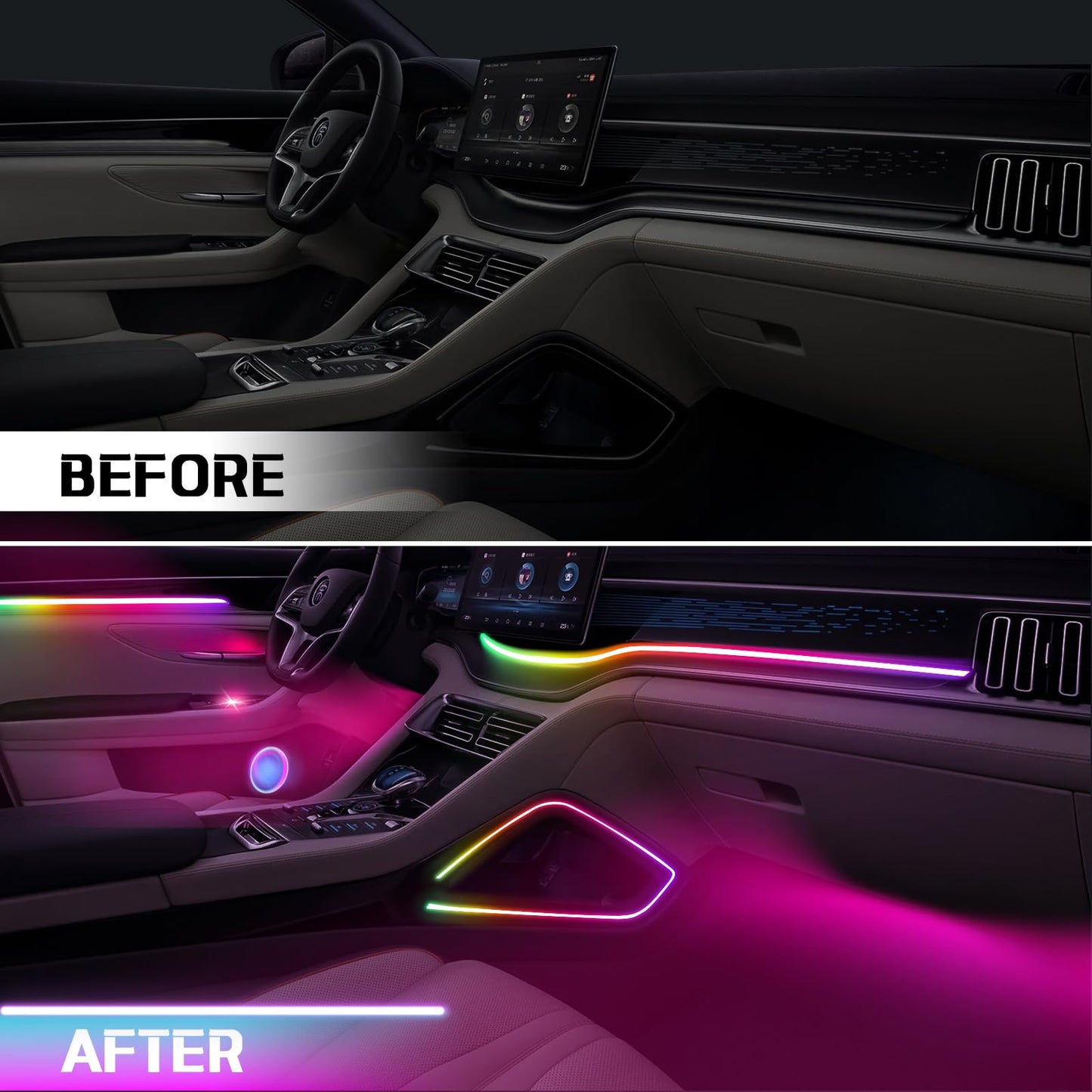 Dreamcolor Acrylic Ambient Lighting Car Lights – Wireless APP Control, Music Sync, Dynamic RGB Interior Car LED Strip Light Kit, 22-in-1 Customizable LED Neon Light Kits for Car Interior