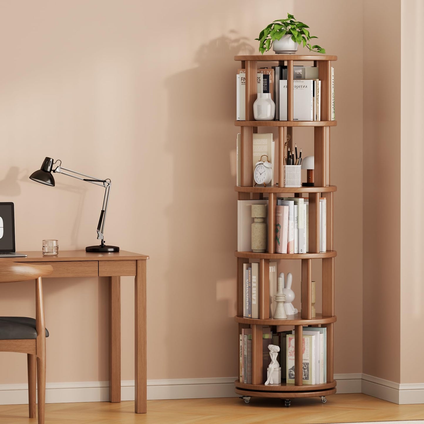 Muwuele Solid Wood Rotating Bookshelf on Wheels, 5 Tier, Round Revolving Bookcase, 360° Spinning Book Shelf Tower for Kids, Narrow Rolling Bookshelves for Small Space, Corner, Bedroom, Office, Walnut