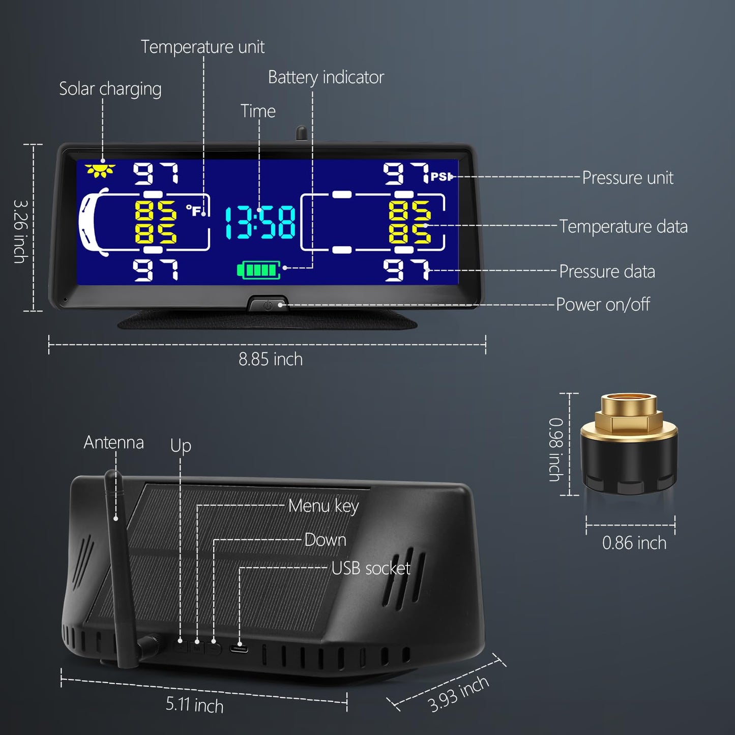 Hieha Tire Pressure Monitoring System, 7.84” Wireless Solar Rv TPMS with 4 Sensors for Travel Trailer Truck Fifth Wheel Motorhome, Real-time Monitoring Pressure and Temperature(0~198 PSI)