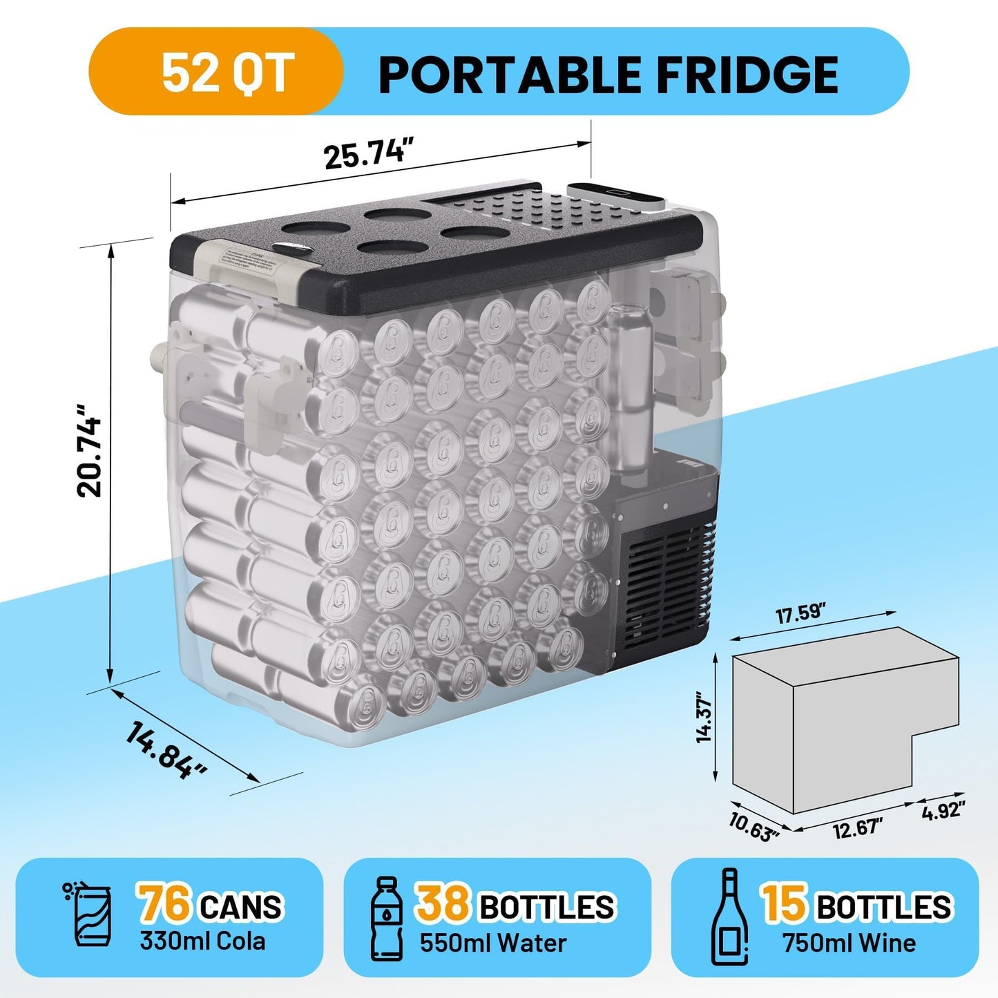 12V Car Refrigerator, 53QT Dual Zone Portable Refrigerator, Electric Cooler & Car Fridge, Plug In Cooler, Car Cooler for SUV, RV, Camping, Road Trips, Freezer 0°F-50°F, 12V/24V DC, 110-240V AC