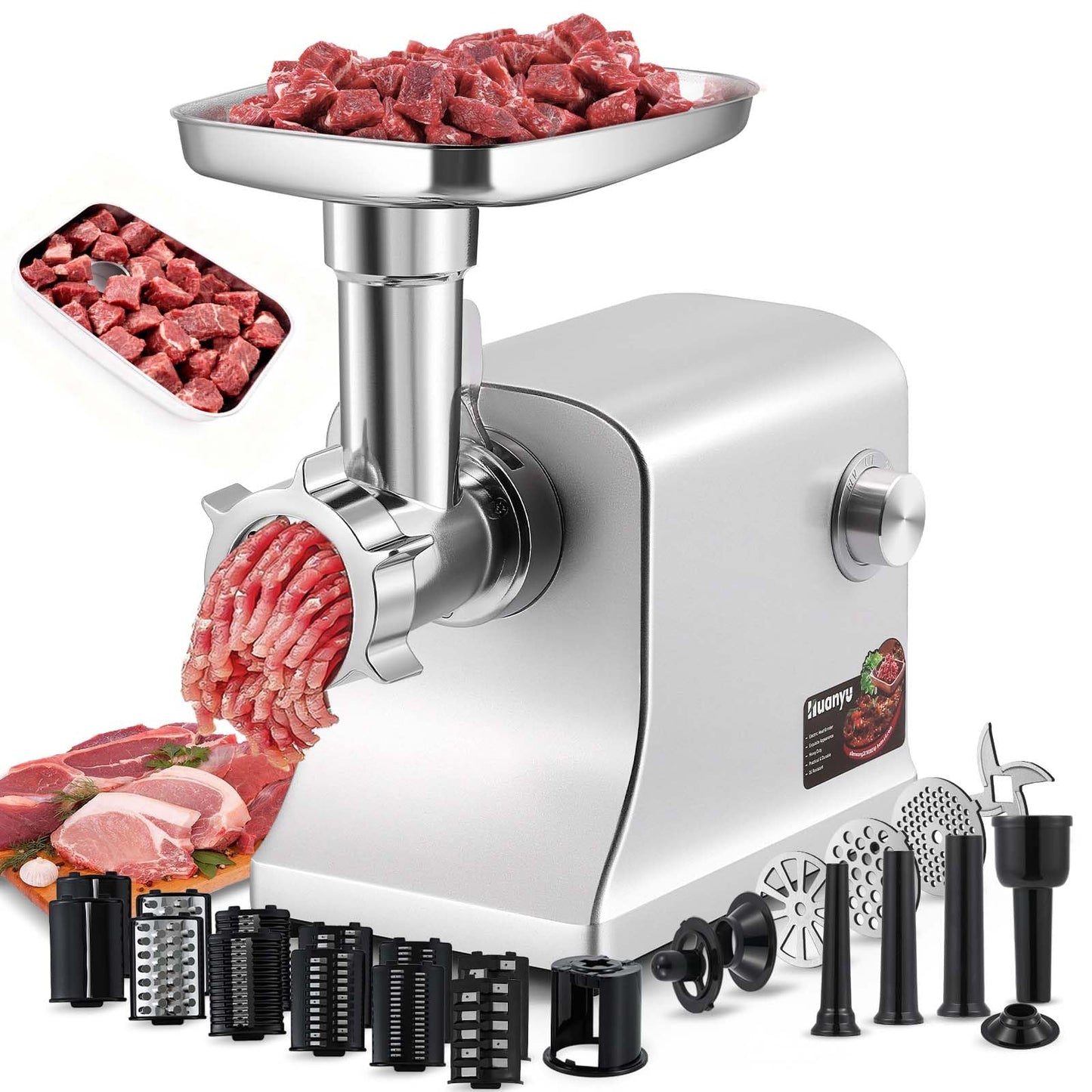 Huanyu Electric Meat Grinder 2800W Max Heavy Duty with 5 Sets of Stainless Steel Vegetable Shredder Blades, French Fry Blade, 3 Sausage Stuffers & Kubbe Kit Multifunctional for Home Kitchen Use