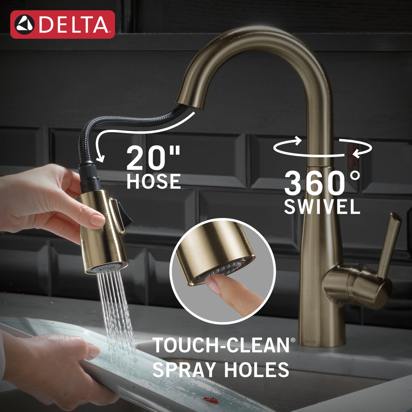 Delta Essa Brushed Gold Bar Sink Faucet with Pull Down Sprayer, Modern Single Hole Prep Sink Faucet, Single Handle, Champagne Bronze 9913-CZ-DST