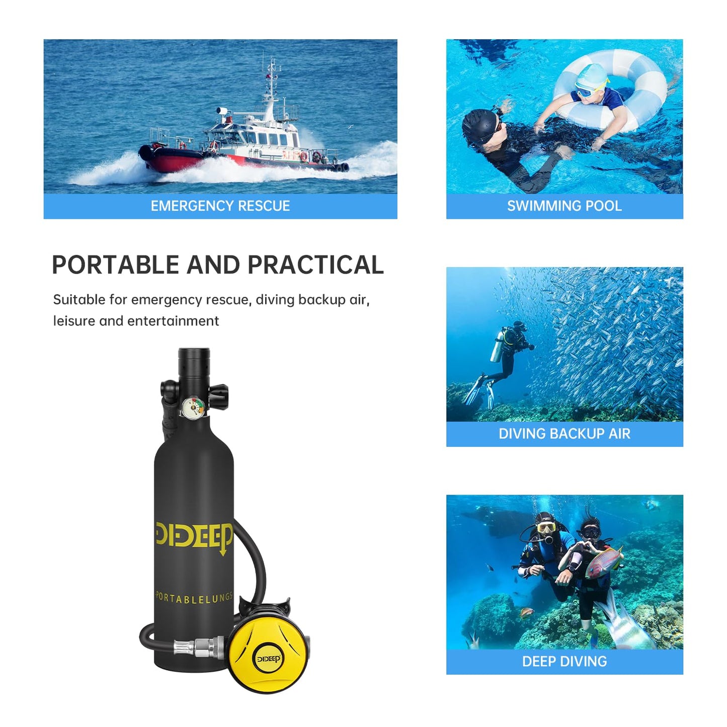 DIDEEP Scuba Tank 1L Capacity Mini Scuba Tank Support About 15-20 Minutes Underwater Breathing Portable Lung Tank with High Pressure Hand Pump for Emergency Rescue Underwater Exploration(Black)