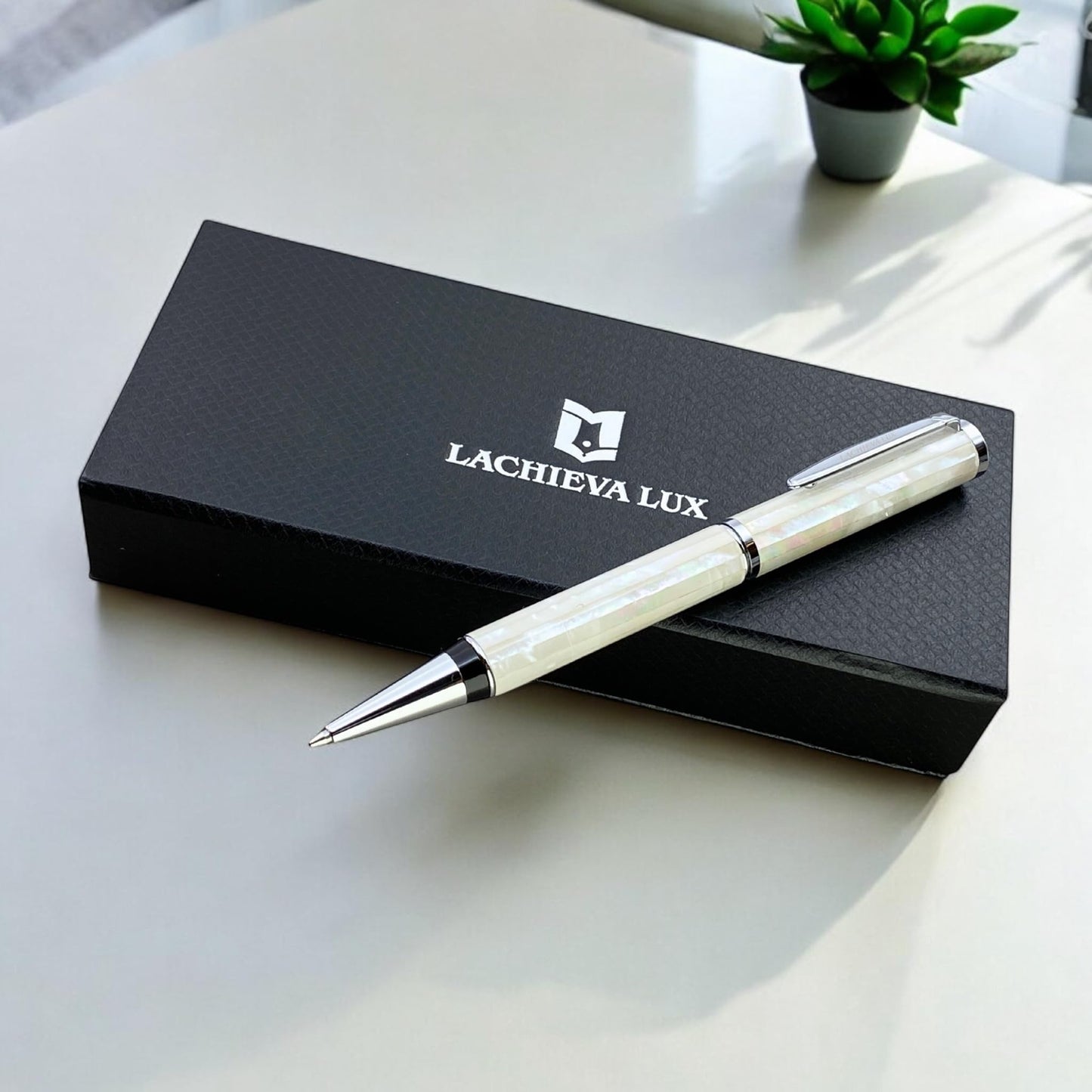 LACHIEVA LUX Stunning Handcrafted Mother of Pearl Ballpoint Pen with German P900M 1.0MM Refill, Luxury White Shell Gift Pen for Men and Women, Executive Writing Pen in Premium Gift Box
