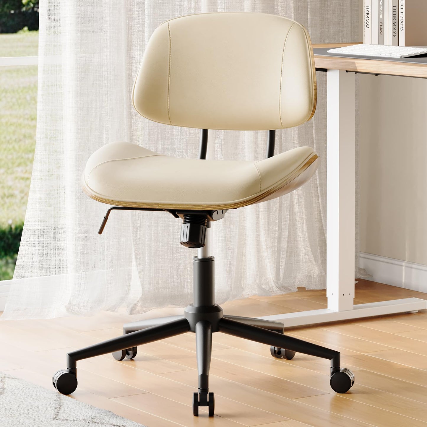 BERYTH Armless Office Chair with Wheels, PU Leather Adjustable Height Desk Chair - 360° Swivel Ergonomic Computer Chair for Small Space, Modern Walnut Style, Home & Meeting Room, Beige