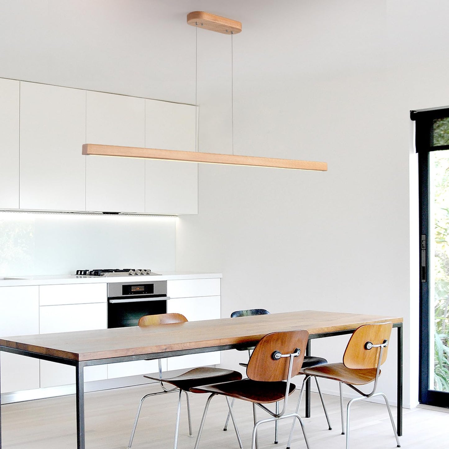 71" Wooden Linear Pendant Light LED Pendant Lights Dimmable Pool Table Island Lights Modern Linear Chandeliers for Dining Room Kitchen Ceiling Pendant Lamp for Kitchen Island Billiard Room Natural