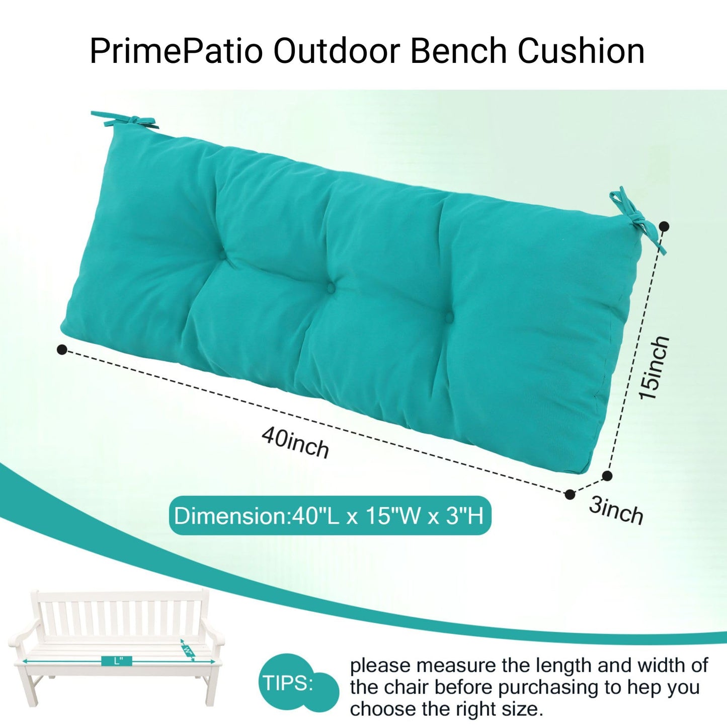 PRIMEPATIO Outdoor Bench Cushion Waterproof, Tufted Bench Seat Cushion 40 x 15 Inch, Patio Wicker Indoor Seat Pads for Outside Garden Patio Balcony, Blue