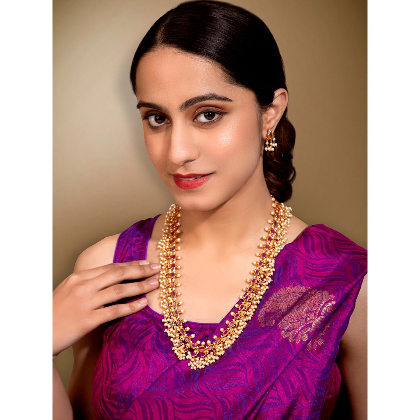 Aheli Bollywood Traditional Gold Tone Long Necklace Earrings Bharatanatyam jewellery Set Gift for Women Wedding Ethnic Fashion Wear