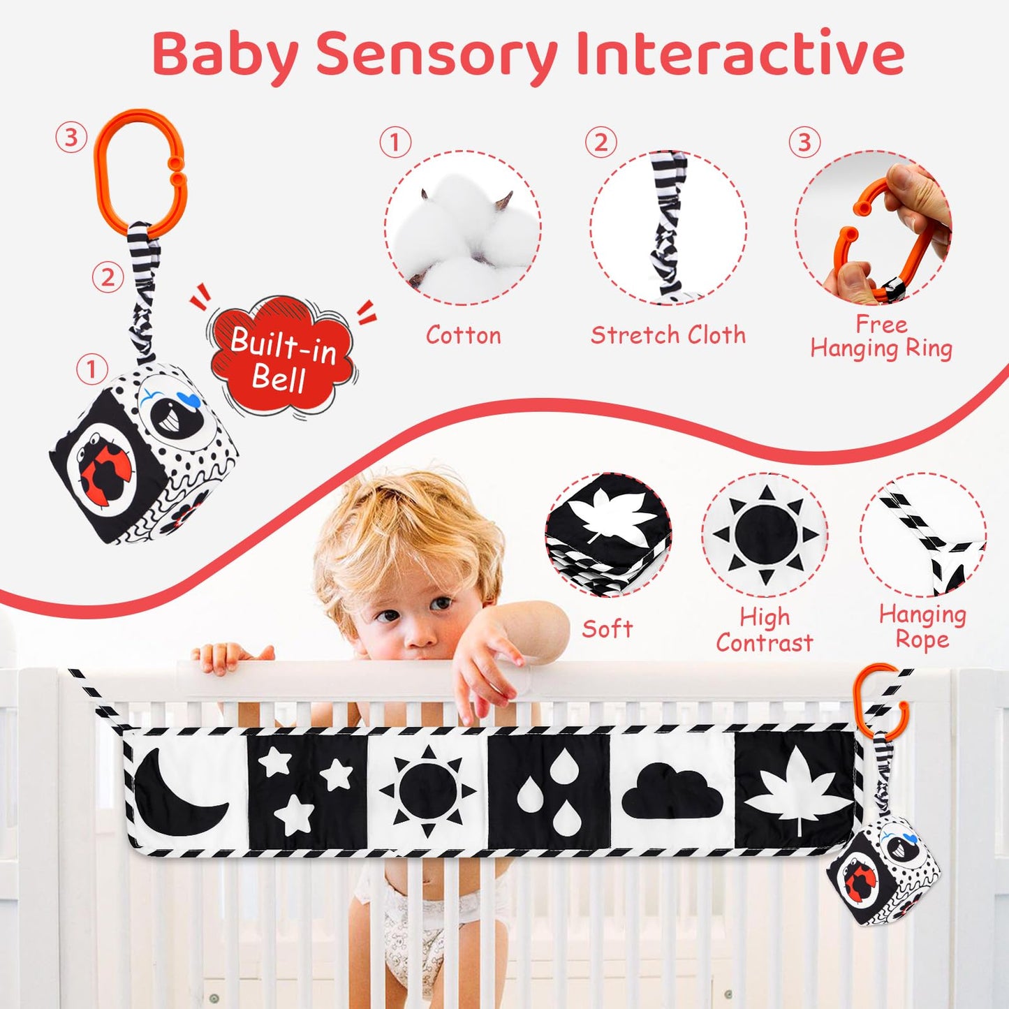 Black and White High Contrast Baby Toys for Newborn, Montessori Toys for Babies 0-6 Months Tummy Time Toys, Infant Newborn Sensory Toy 0-6 Months Soft Book for 0 3 6 6 9 12 Months Boy Girl
