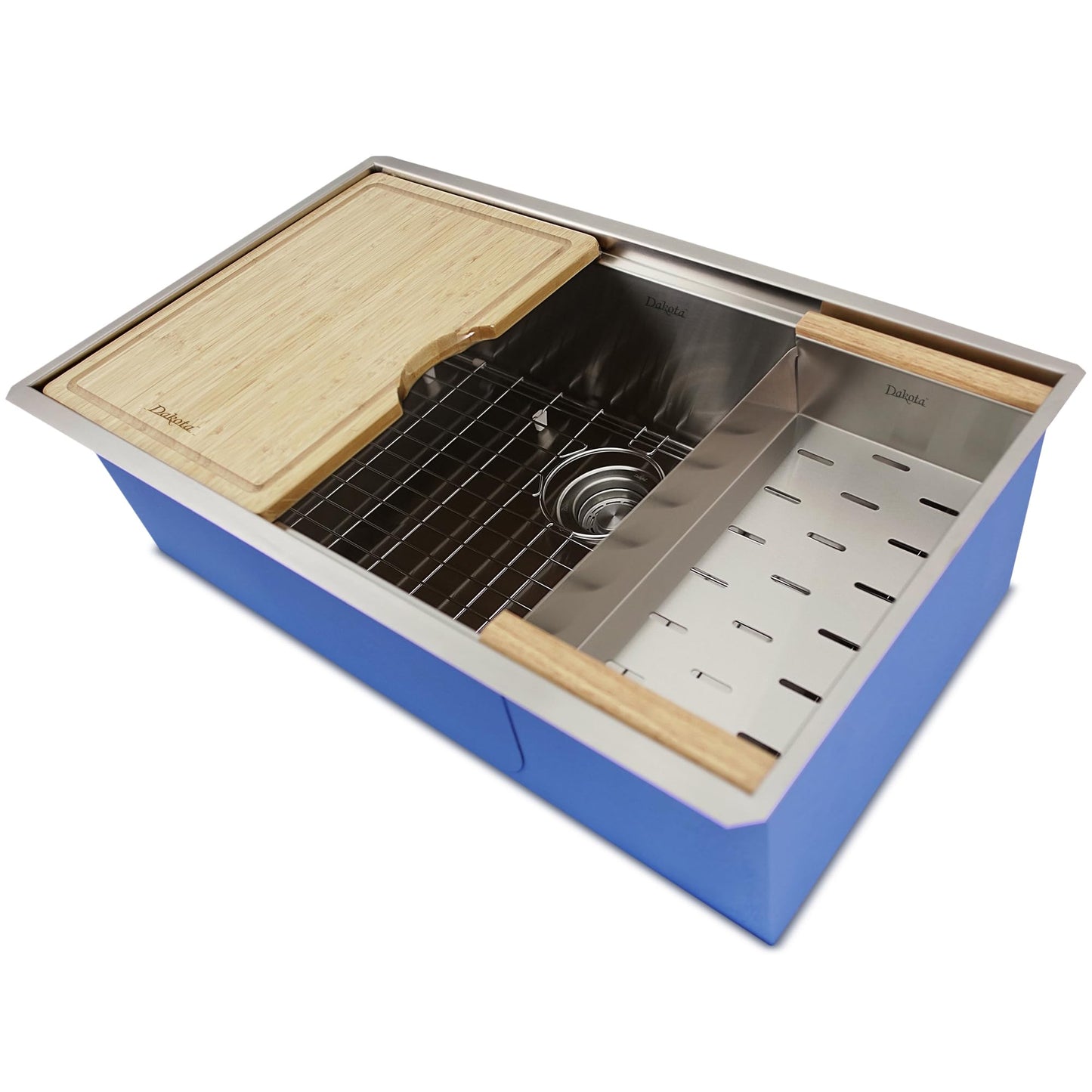 Dakota Workstation Kitchen Sink with Accessory Ledges, 30X20", 16 Gauge Stainless Steel, Undermount Single Bowl Drop In Sink with Colander, Bamboo Cutting Board, Bottom Grid, Premium Kitchen Sinks.