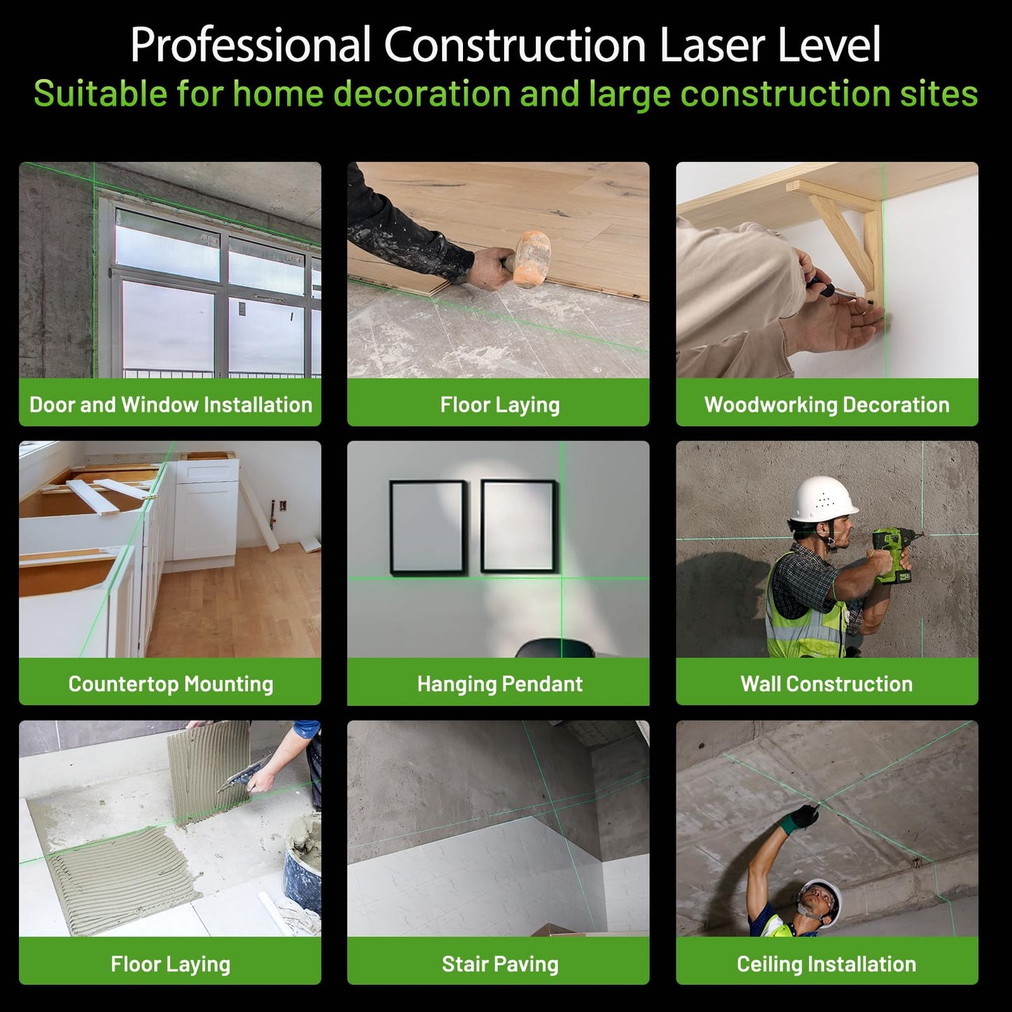 Huepar Laser Level 3x360 Self Leveling with 2 Rechargeable Batteries, 3D 12 Lines High Brightness Green Laser Level for Construction or Home Renovation, LS03CG