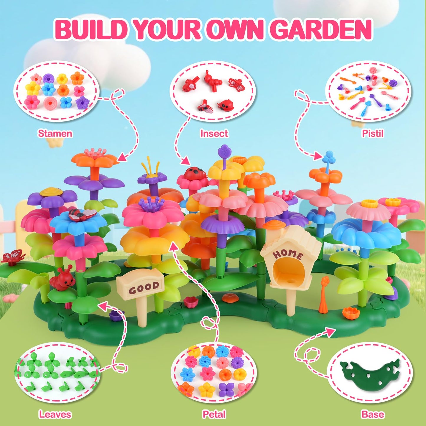 Gaitel Flower Garden Building Toys for 3-7 Year Old Girls - Best Birthday Gifts for Toddler Ages 3-5 5-7, Educational Kit with 120+ Pieces, Stacking Pretend Play Set for Preschool Kids