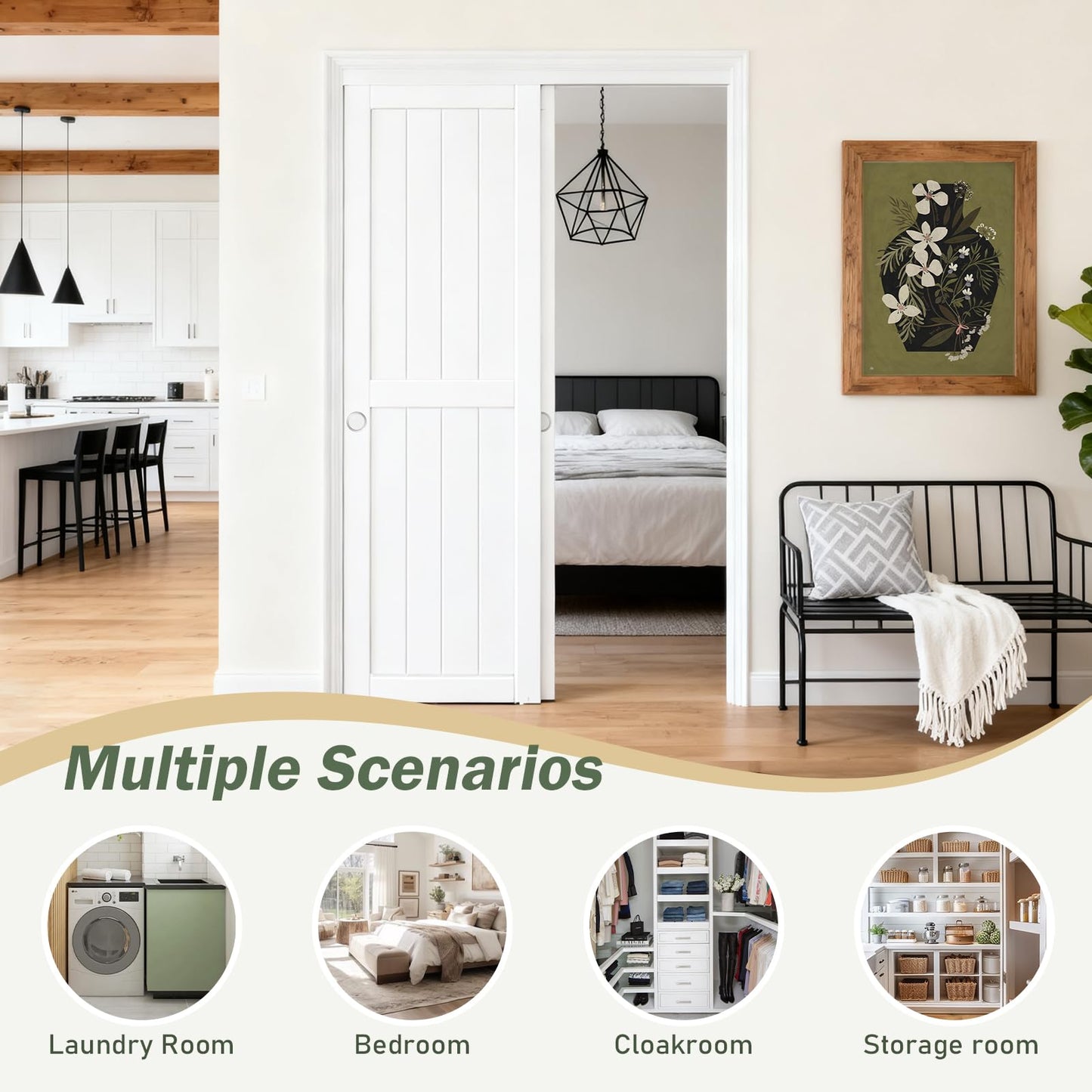 FREDBECK Sliding Closet Doors 60x80(Double 31inch),Bypass Barn Door with Hardware,for Bedroom,White,H Frame,Assemble Required