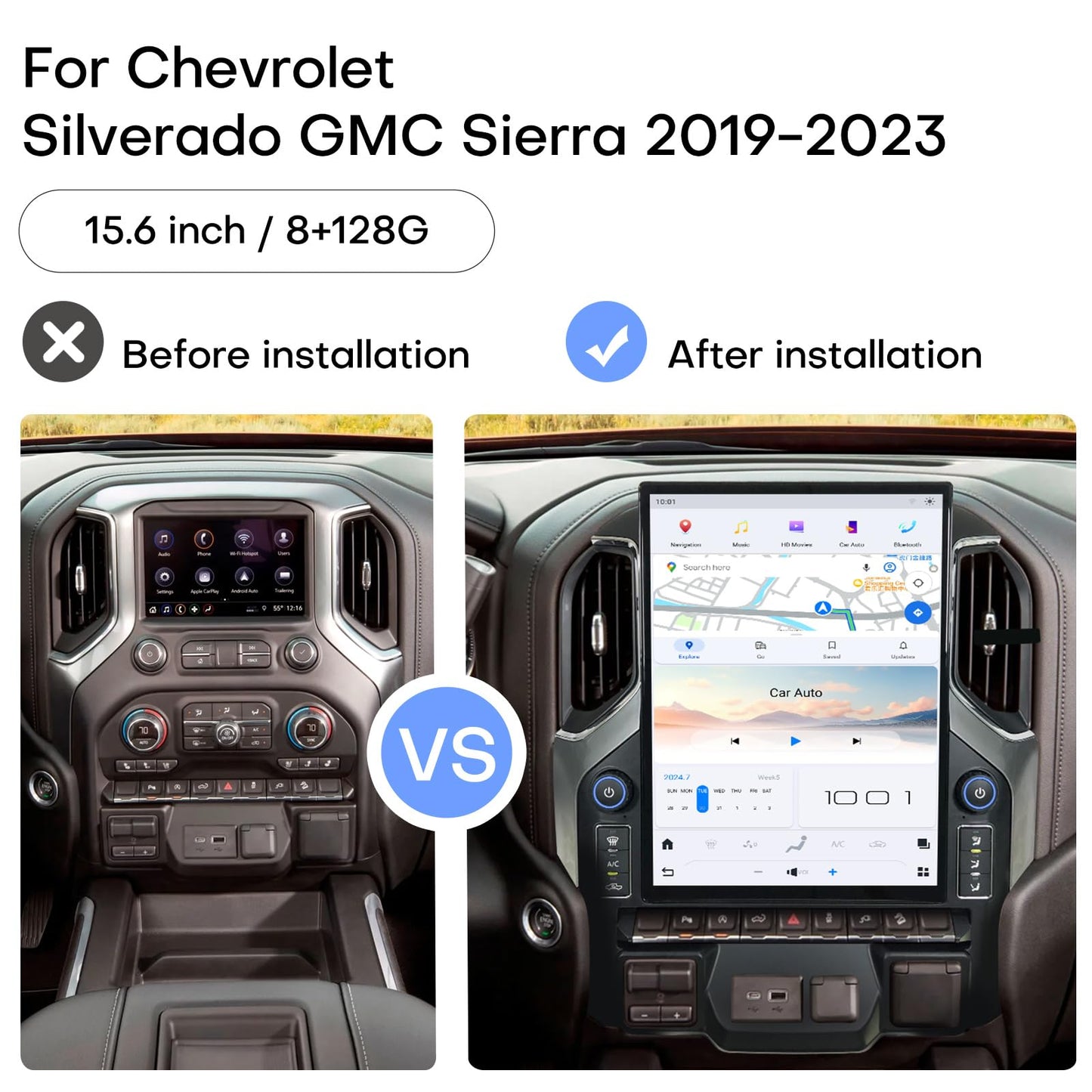 Qualcomm Car Radio for Chevrolet Silverado GMC Sierra 2019 2020 2021 2022 2023 Upgrade Stereo Replacement Android 13 Carplay Android Auto 15.6 Inch 2K IPS Touch Screen Tesla Style Head Unit