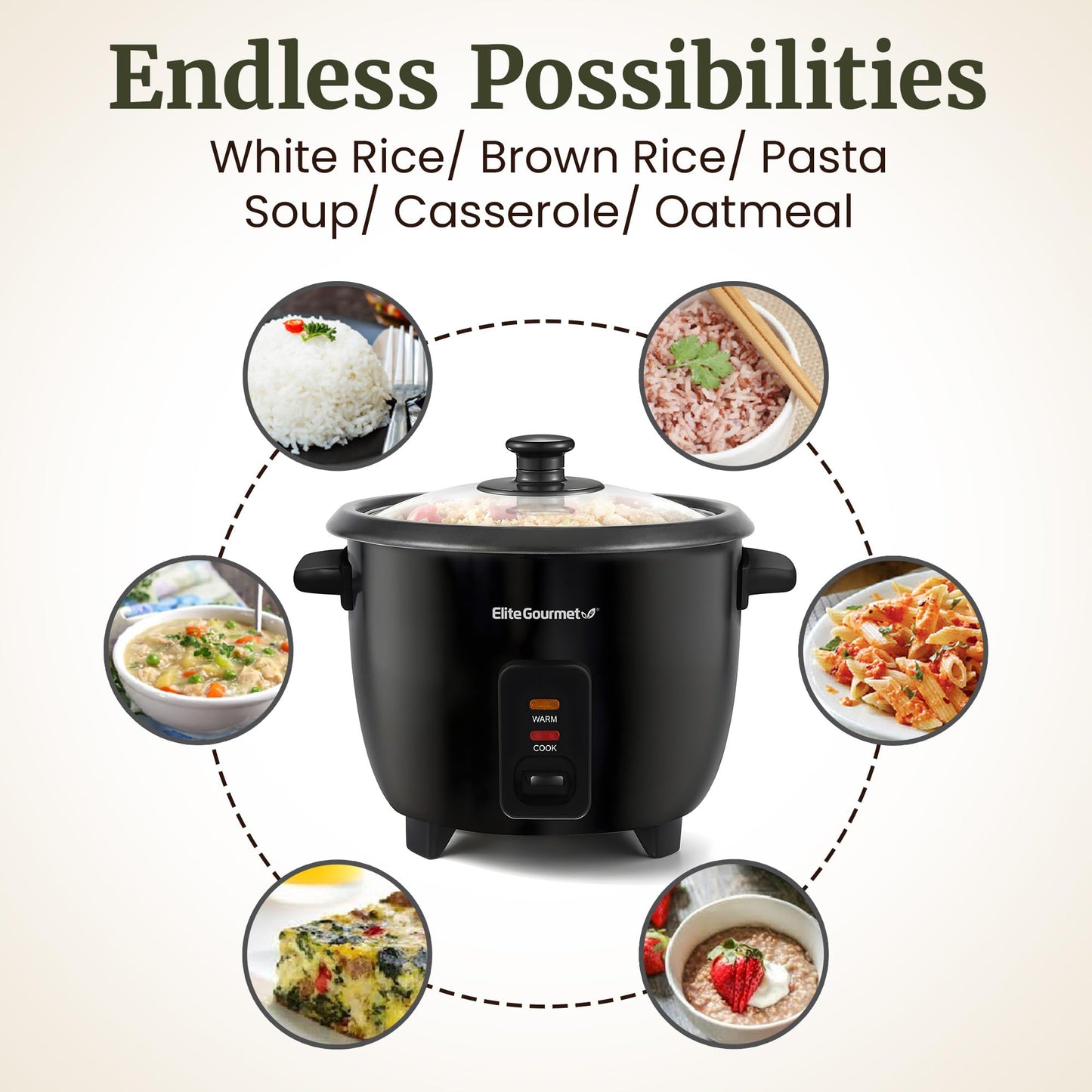 Elite Gourmet Electric Rice Cooker with Steam Tray and Non-Stick Inner Pot Makes Soups, Stews, Grains, Cereals, Keep Warm Feature, 6 Cups Cooked (3 Cups Uncooked), Black