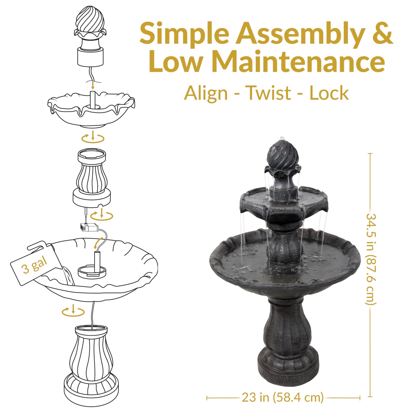 Sunnydaze 35" Solar 2-Tier Outdoor Water Fountain - Outdoor Water Fountain with Battery Backup and Pump - Black