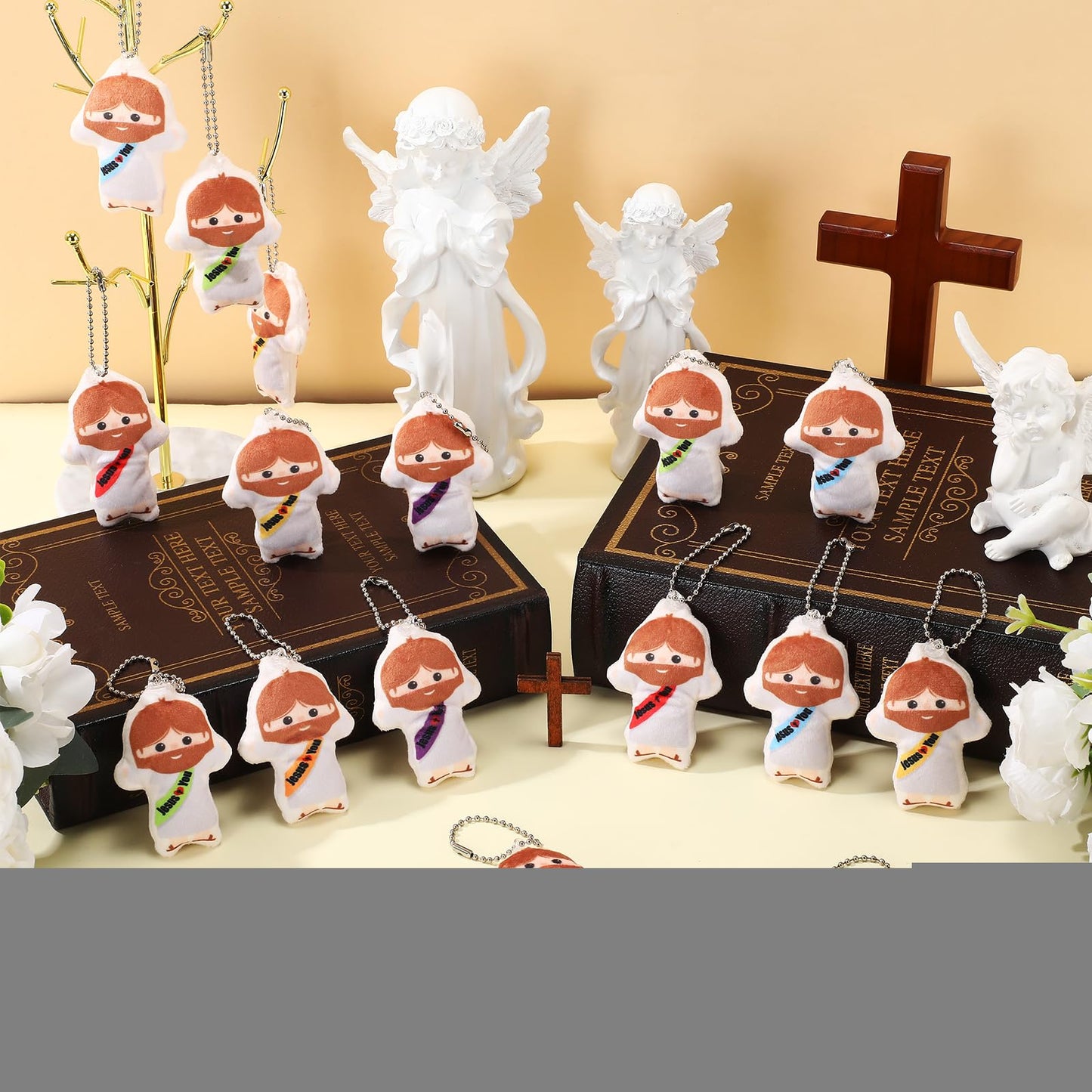 VioraWhite 36 Pcs Christian Gifts Jesus Love You Mini Jesus Plush Keychains for Church Little Figures with Our Father Prayer Toys Miniature Figurines Sunday Religious Favor