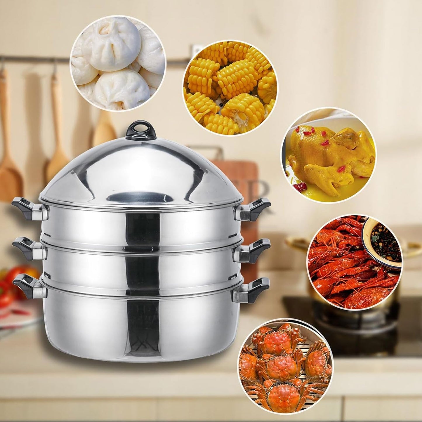 LetFeng Steamer Pot for Cooking 19 inch Steam Pots with Lid 3-Tier Multipurpose Stainless Steel Steaming Pot Cookware with Handle for Vegetable, Dumpling, Stock, Sauce, Food