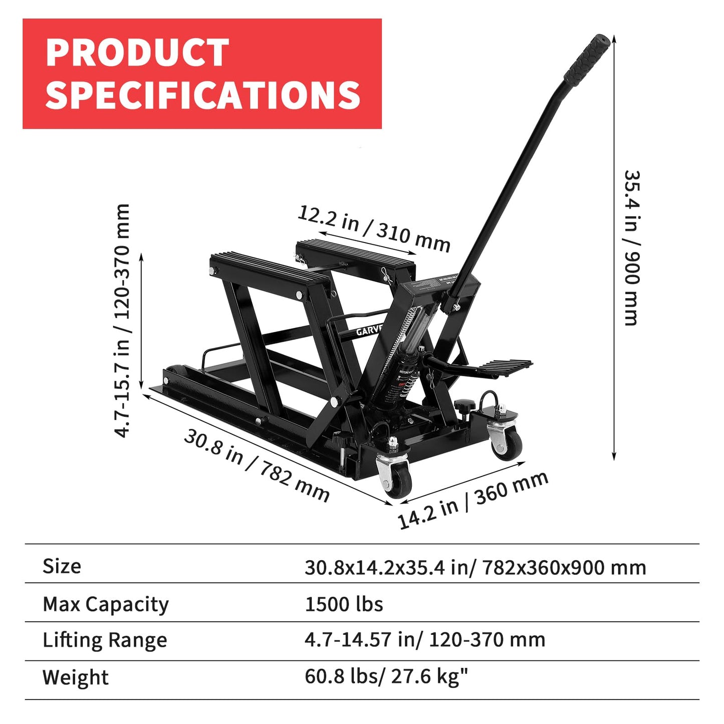 Garvee Hydraulic Motorcycle Lift Jack 1500Lb Heavy Duty ATV/UTV/Dirt Bike Lift with 4.7''-14.57'' Height Range, Non-Slip Platform & Safety Lock, Garage Scissor Jack, Car Maintenance Tool, Black