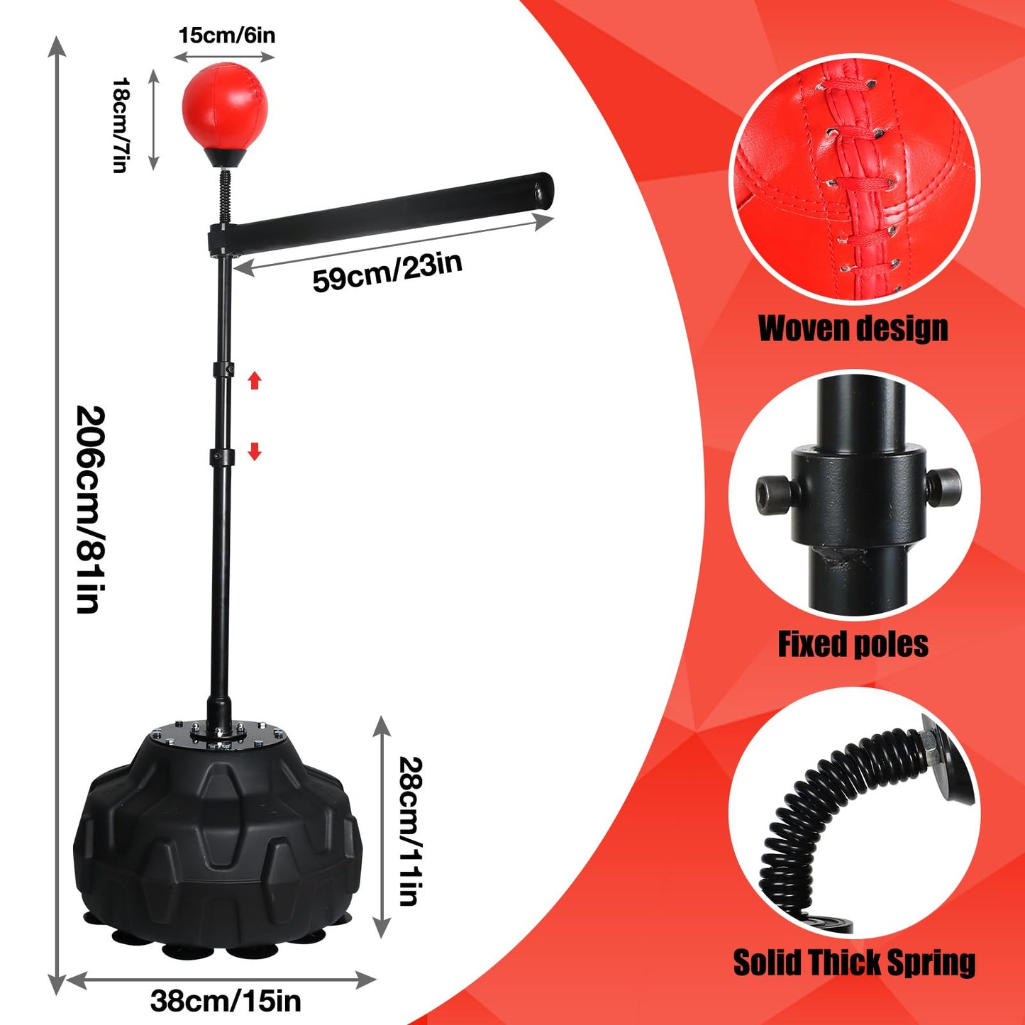 Solid Reflex Bag Boxing Speed 45-80in Trainer Punching Bag Spinning Bar Training Boxing Ball with Reflex Bar Free Standing Adjustable Height for Adult Youth Red