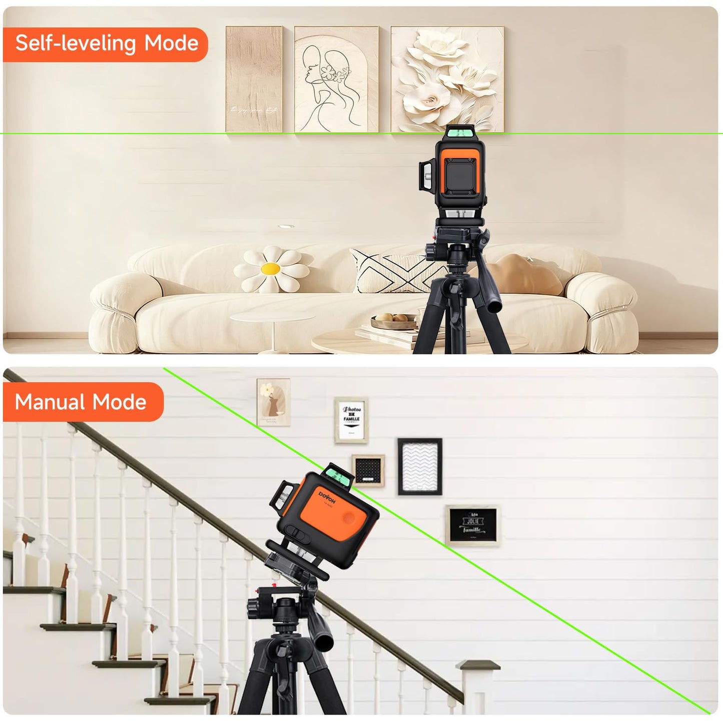 DOVOH 4D Laser Level with Tripod : Dual Batteries Laser Level 360 Self Leveling Green Hard Toolbox for Construction Floor Tiling Ceiling, Class Ⅱ, Y4-360G-KIT
