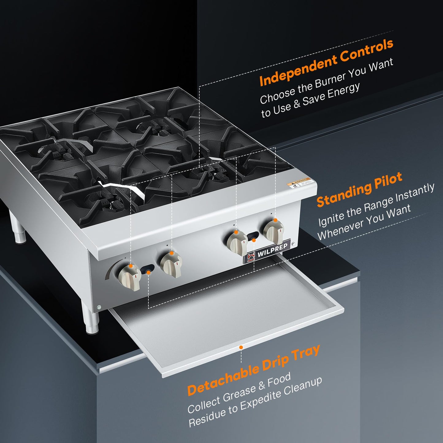 WILPREP Commercial Countertop Gas Range, 4 Burner 100,000 BTU Stainless Steel Gas Cooktop, 24" NG/LPG Convertible with Durable Grates, Perfect for Professional Restaurant Kitchen & Catering