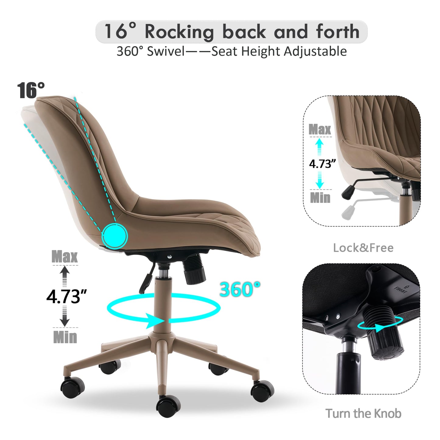 YOUNIKE Khaki Home Office Desk Chair No Arms Comfy Small Vanity Chair Chair with Wheels Swivel Adjustable Modern Ergonomic Task with Back Armless Cute Leather Upholstered Rolling Chair