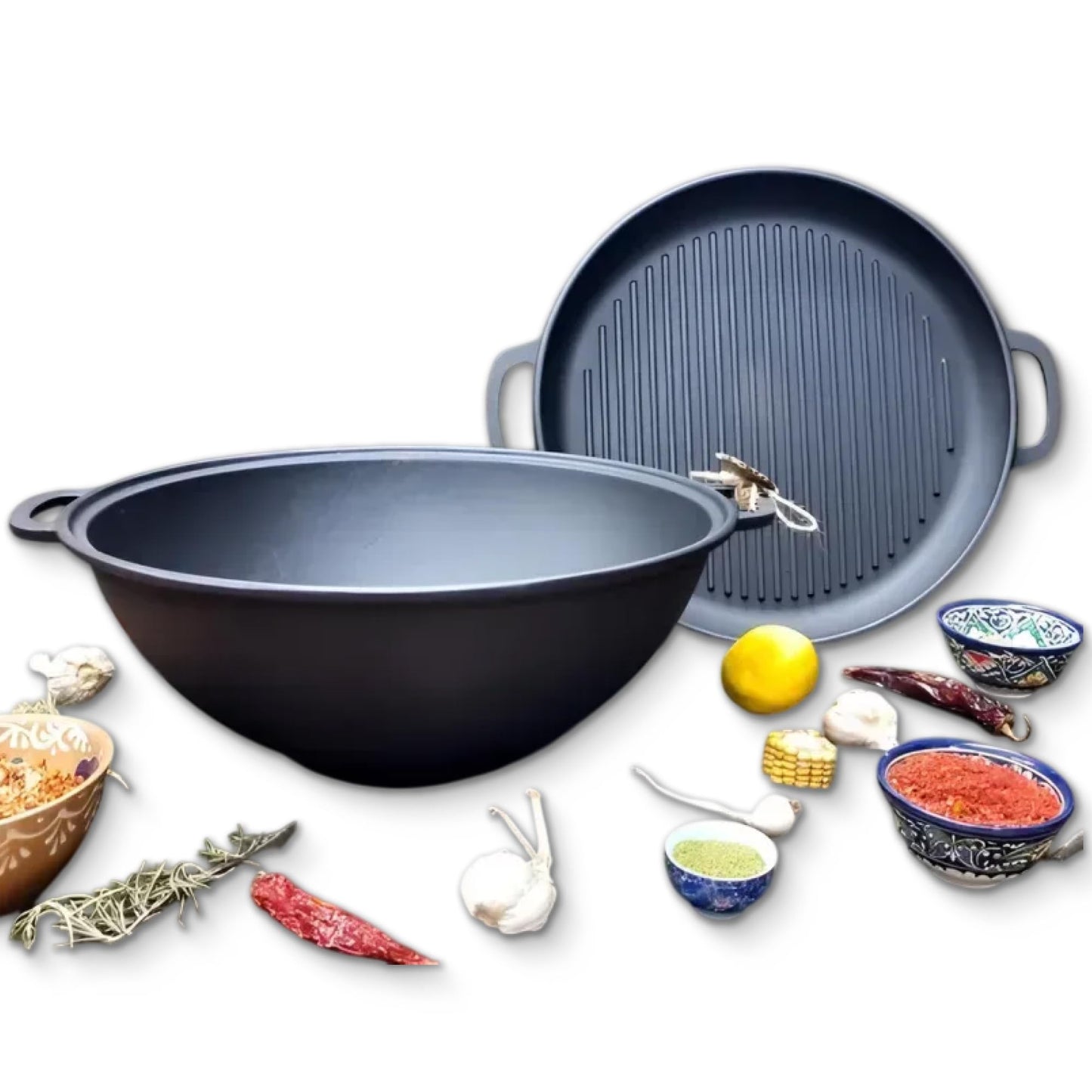 Dutch Oven Pot with Grill Lid (12.5 Quarts (12 L) Frying Pan Lid) – Maysternya Cast Iron Cookware Set – Camping Dutch Oven - Uzbek Kazan – Premium Camping Cookware – 2 in 1 Frying Pan + Cauldron