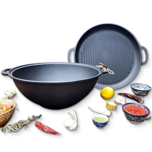 Dutch Oven Pot with Grill Lid (12.5 Quarts (12 L) Frying Pan Lid) – Maysternya Cast Iron Cookware Set – Camping Dutch Oven - Uzbek Kazan – Premium Camping Cookware – 2 in 1 Frying Pan + Cauldron