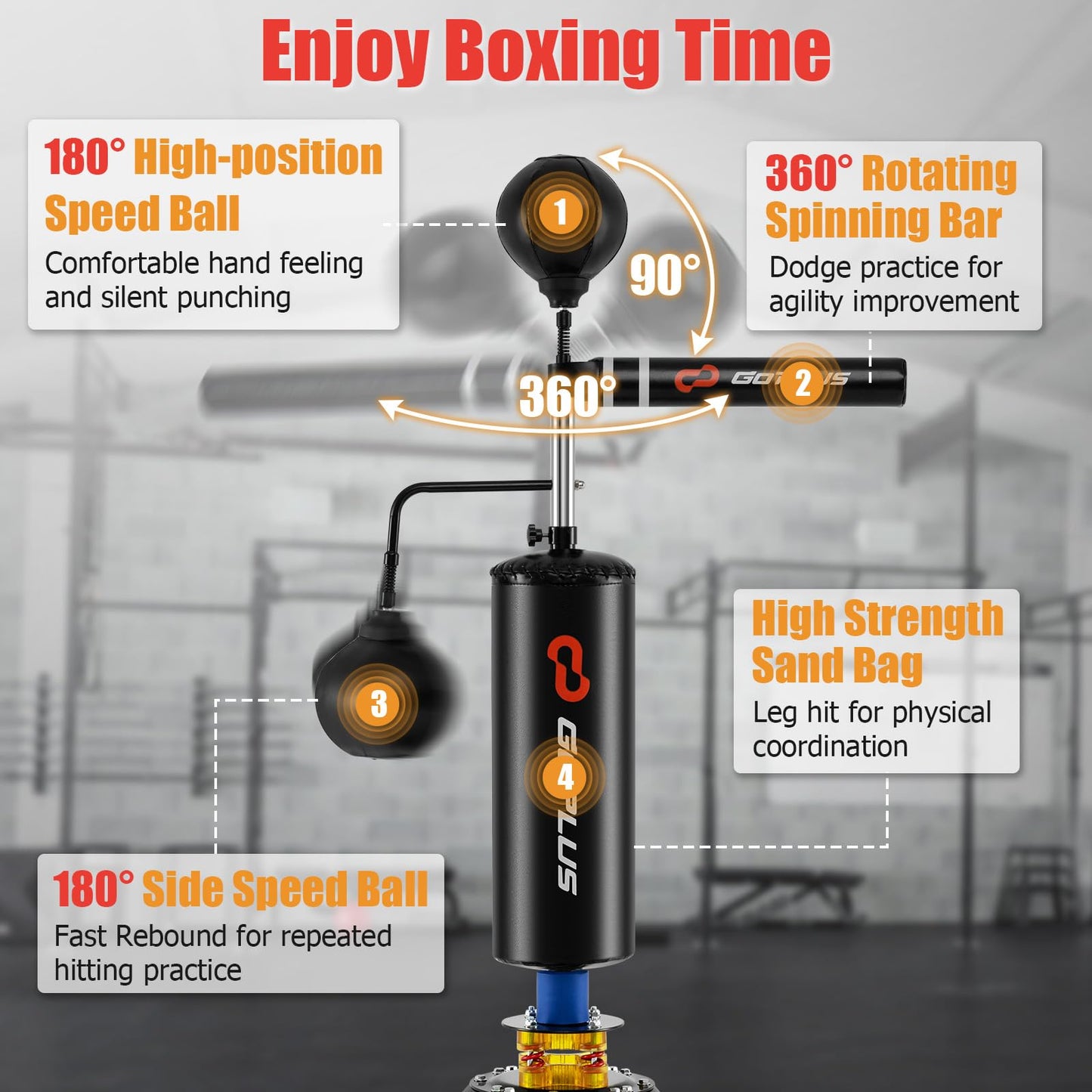 Goplus Boxing Speed Trainer, Freestanding Punching Bag 360° Spinning Bar with 2 Reflex Speed Balls, Shock Absorbers, Fillable Base, Height Adjustable Boxing Training Equipment for Teens Adults