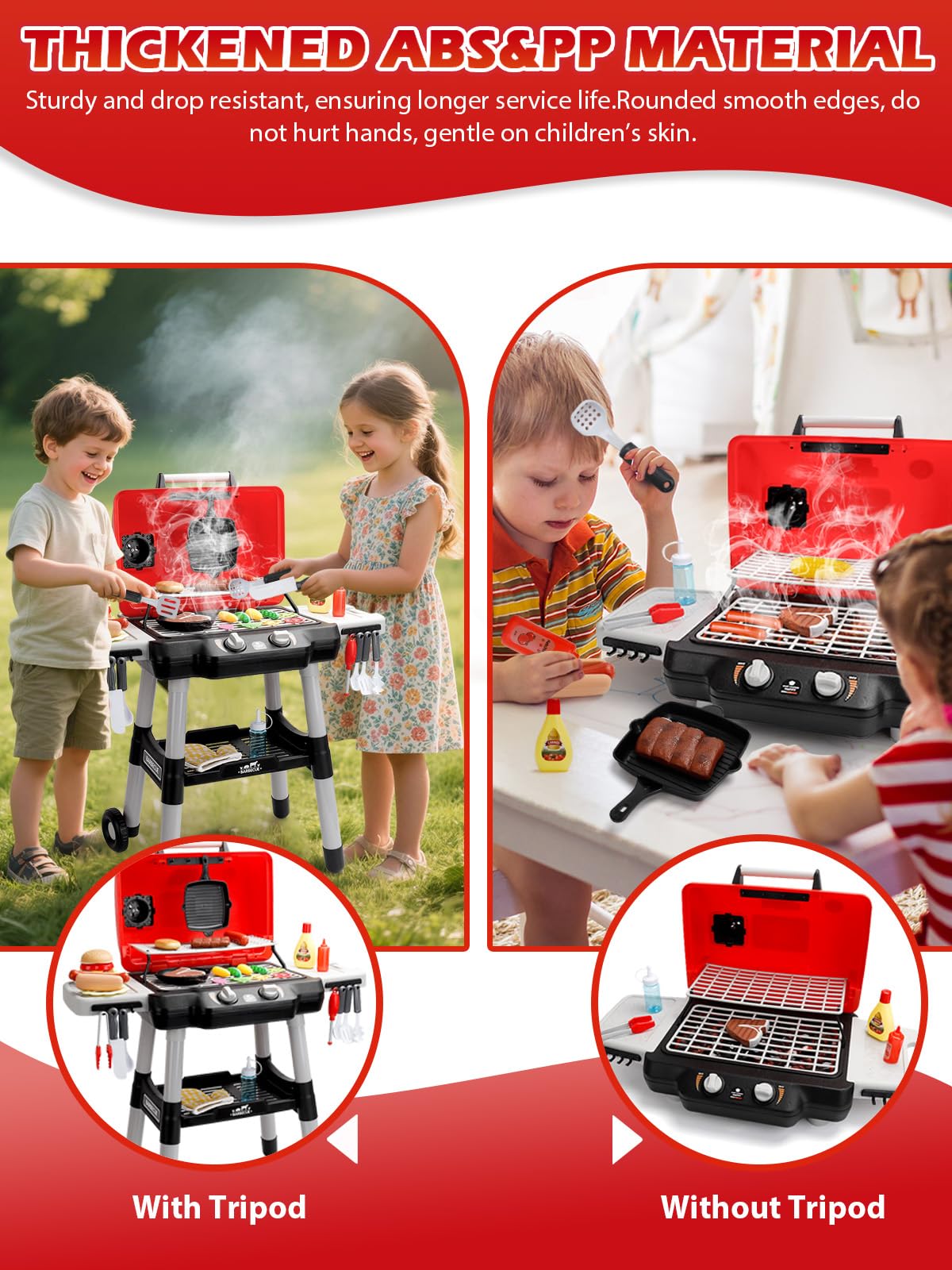 Kids Kitchen Toy Barbecue Grill Playset Cooking Interactive Toys with Smoke Sound Light Simulation Chef Apron Hat Little Chef Pretend Play Accessories Christmas Birthday Gift for Boys Girls