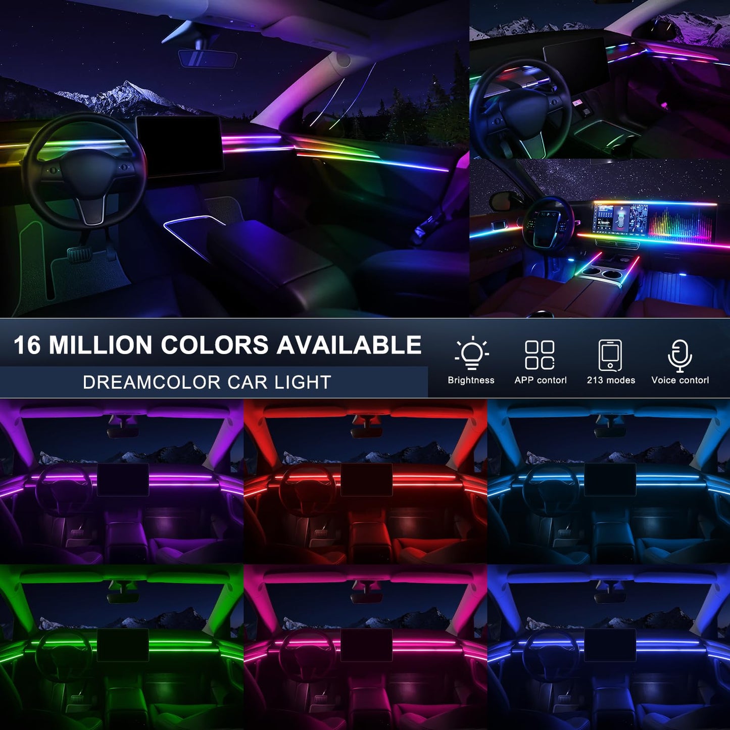 Dreamcolor Acrylic Interior Car LED Strip Light with Wireless APP, RGB 22 in 1 with 175 inches 600 LEDs Fiber Optic Car Ambient Lighting Kits, Dual Zone Sound Active Function LED Strip for Car