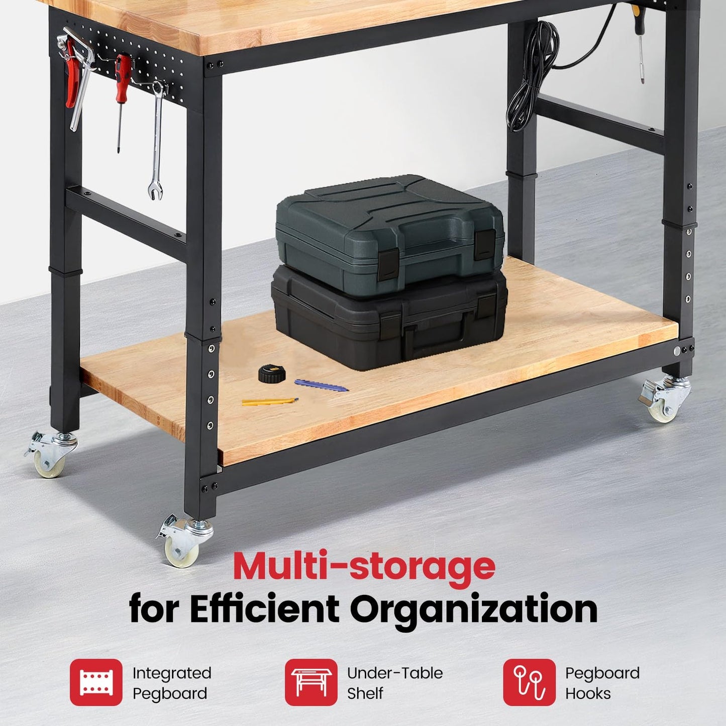 ENJOYWOOD Workbench for Garage with Wheels 60 x 22 Inch Heavy Duty Rubberwood Tabletop Work Table with Under Table Shelf, Pegboard, Power Outlets for Woodworking Shop Home Office