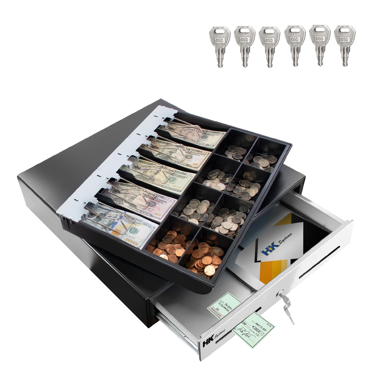 HK SYSTEMS 18inch Heavy Duty Black POS Cash Drawer with 5Bill/8Coin "Stainless Steel" Front, Ball Bearing Slides
