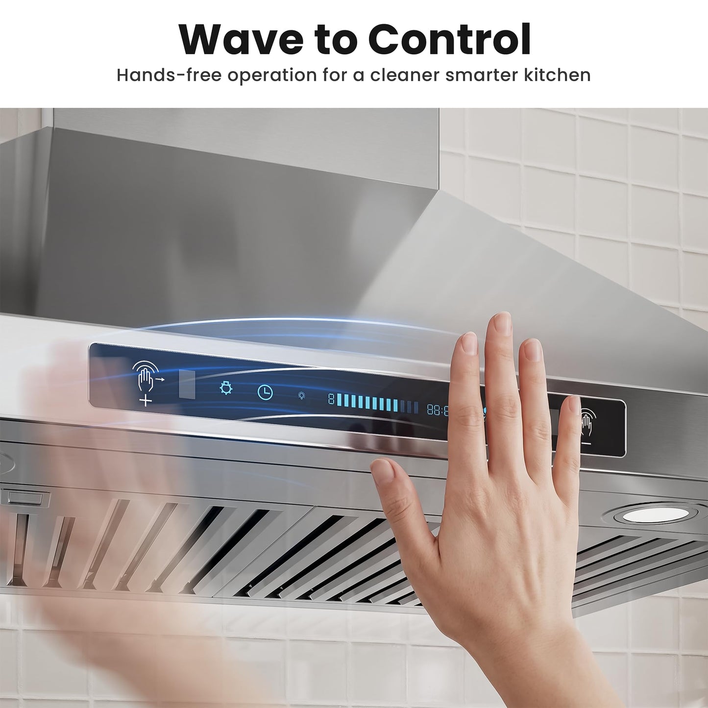 IKTCH 36-inch Wall Mount Range Hood 900 CFM Ducted/Ductless Convertible, Kitchen Chimney Vent Stainless Steel with Gesture Sensing & Touch Control Switch Panel, 2 Pcs Adjustable Lights(IKP02-36'')