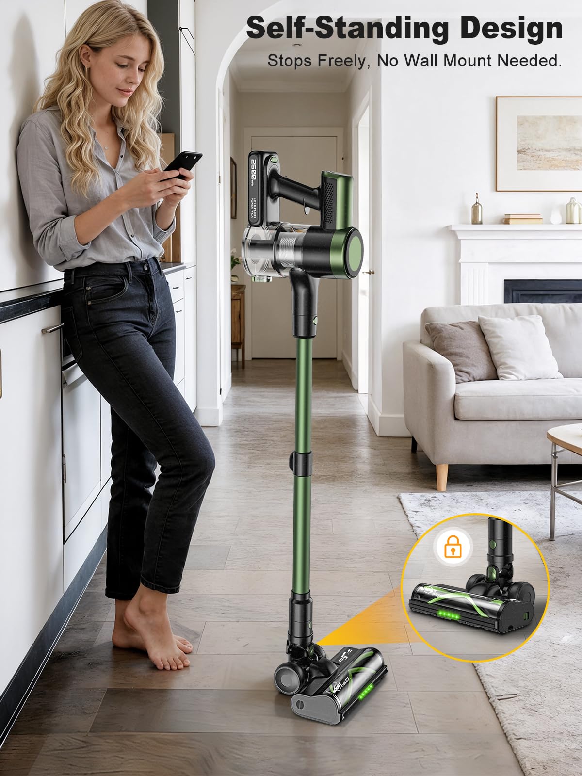 Cordless Vacuum Cleaner,58kPa/10-in-1 Stick Vacuum with 29-inch Hose and LED Lighting Brush,55Mins Runtime Vacuum Cleaner for Home,Self-Standing Vacuum with Anti-Tangle Brush for Pet Hair/Carpet/Floor