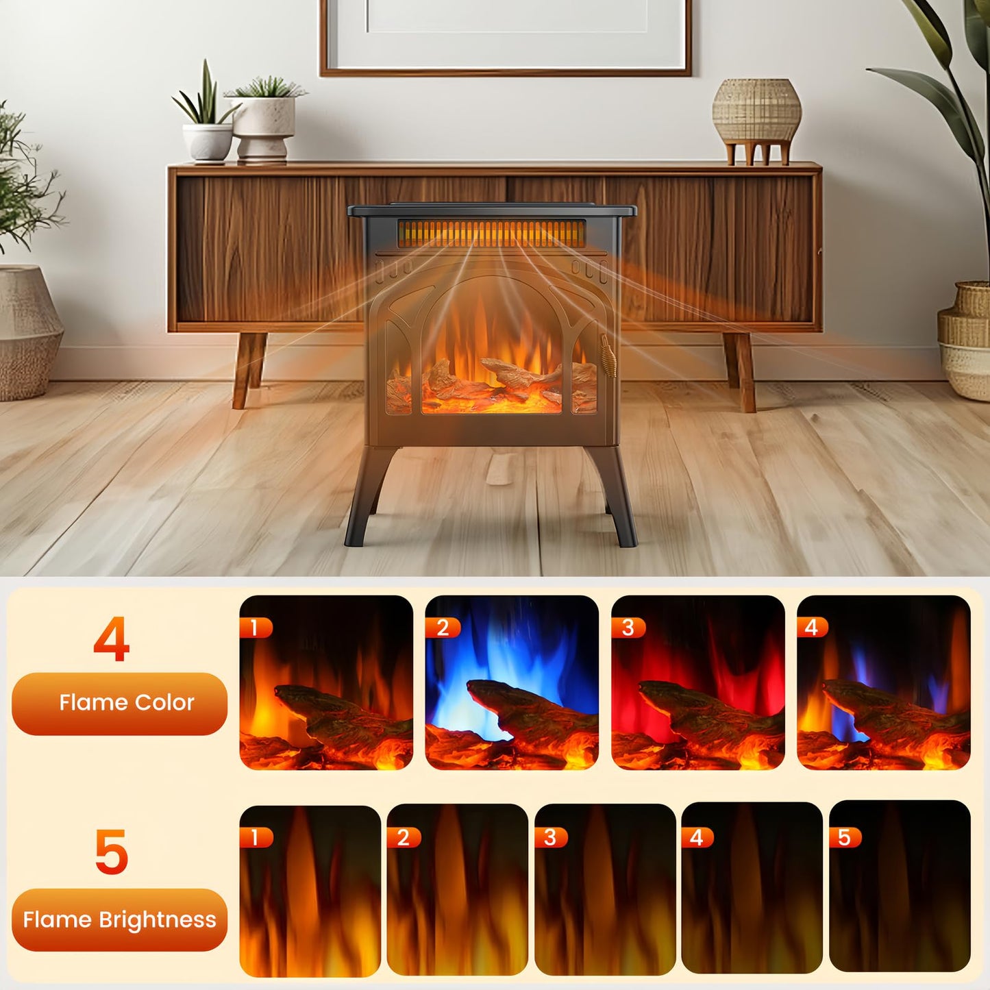 Electric Fireplace Stove, Fast Heating, 1500W X Infrared Fireplace Heater with 8H Timer, Remote Control, Freestanding Stove with Adjustable 3D Flame Overheat Protection, Indoor Fireplace