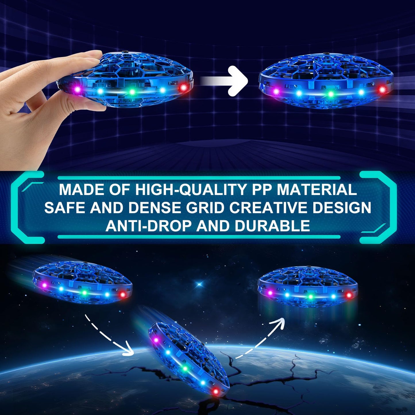 Hand Operated Flying Toy Drone for Kids, 360° Hands Free Motion Sensors Mini Drone with Cool LED Lights, Easy Indoor Small UFO Toy Flying Ball Drone for 6 7 8 9 10+ Year Old Boys and Girls (Blue)